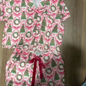 Simply Southern Christmas Pink and Green Wreath Kids Pajama Set